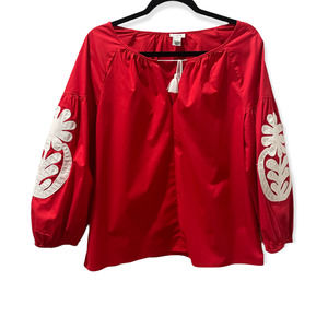 J. CREW Red and White Embroidered Sleeve Blouse Tassel Size S